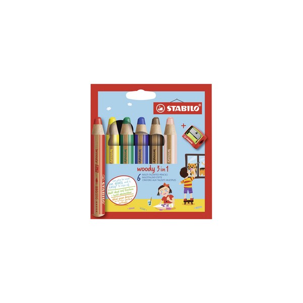 Crayon multi-talents woody 3 en 1, étui carton de 6 avec taille-crayon en plastique